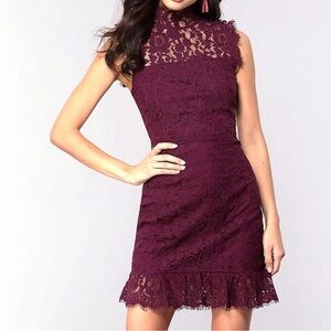 Storia High Neck Lace Mini Dress‎ burgundy red size small